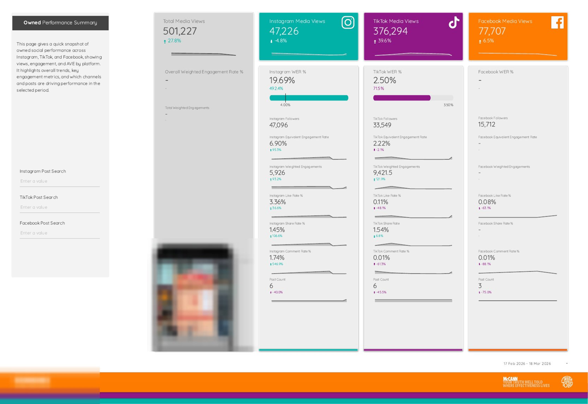 Owned social performance dashboard across Instagram, TikTok and Facebook, brand name blurred